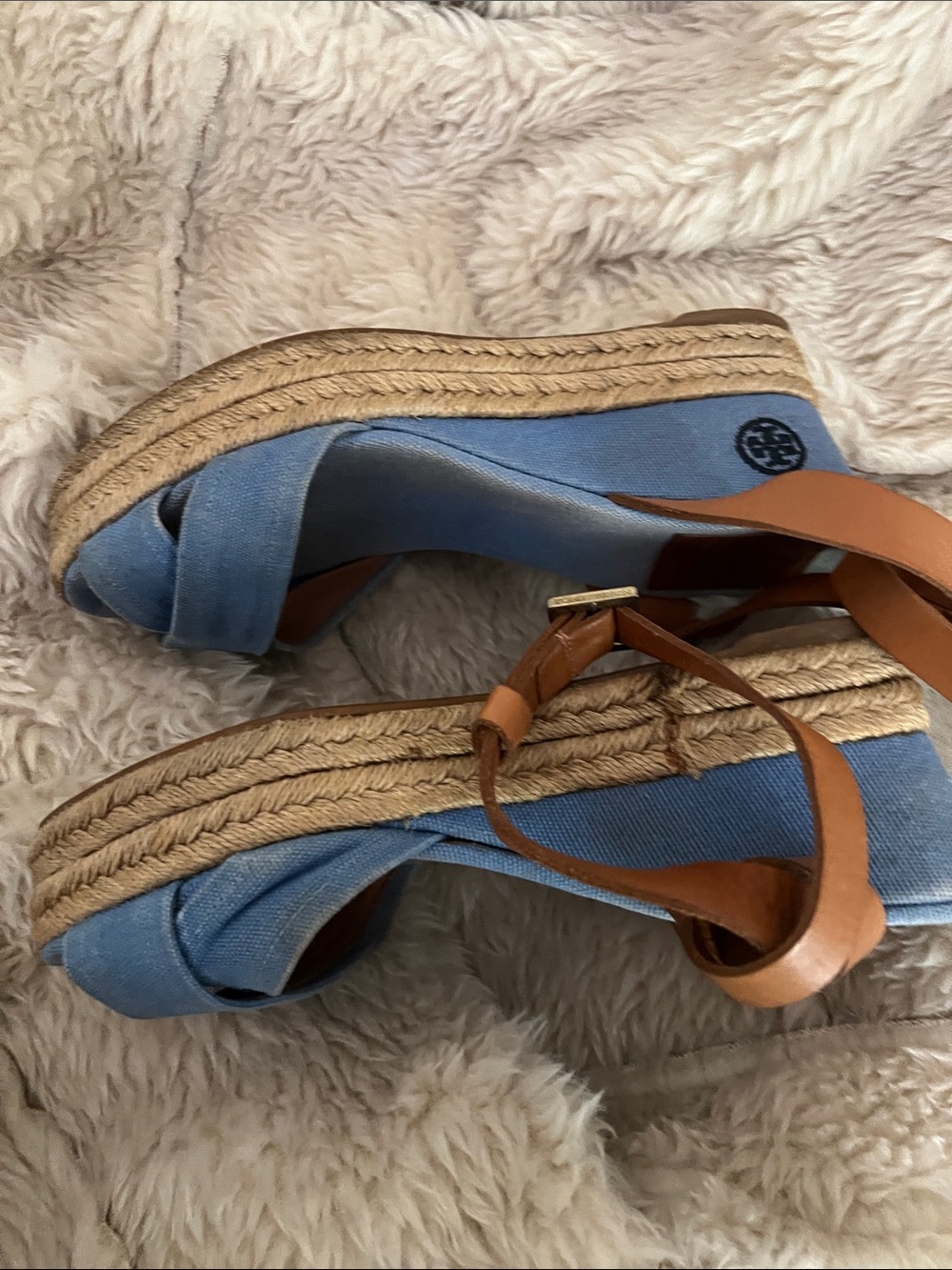 Tory Burch Blue Fabric Espadrille Wedge Sandals with Tan Straps - Picture 3 of 9